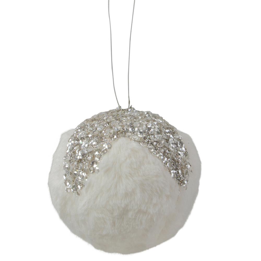 4.25" White and Silver Faux Fur Christmas Ornament. Picture 1