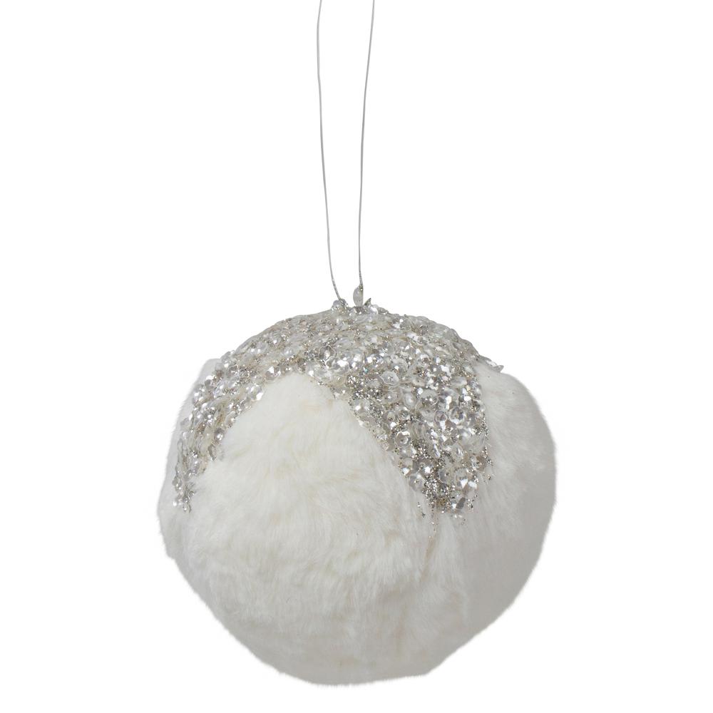 4.25" White and Silver Faux Fur Christmas Ornament. Picture 2