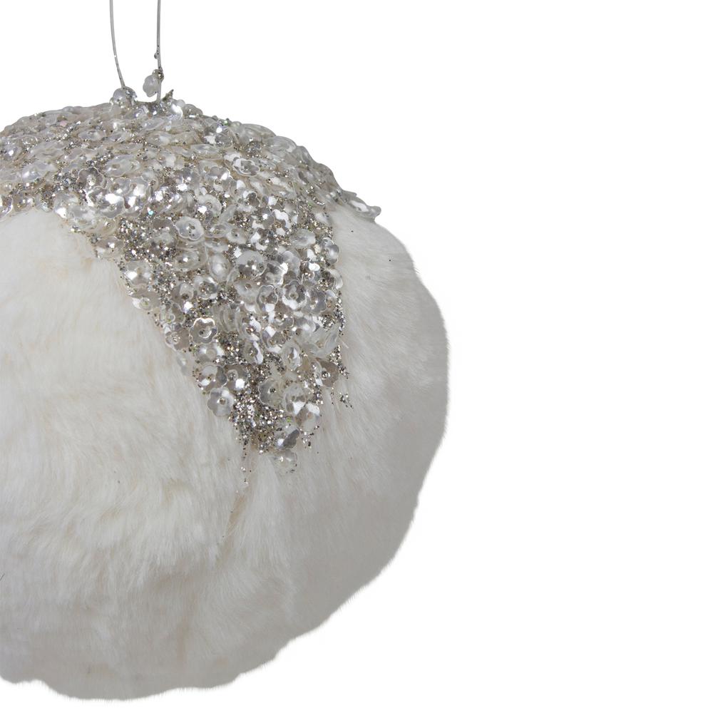 4.25" White and Silver Faux Fur Christmas Ornament. Picture 4