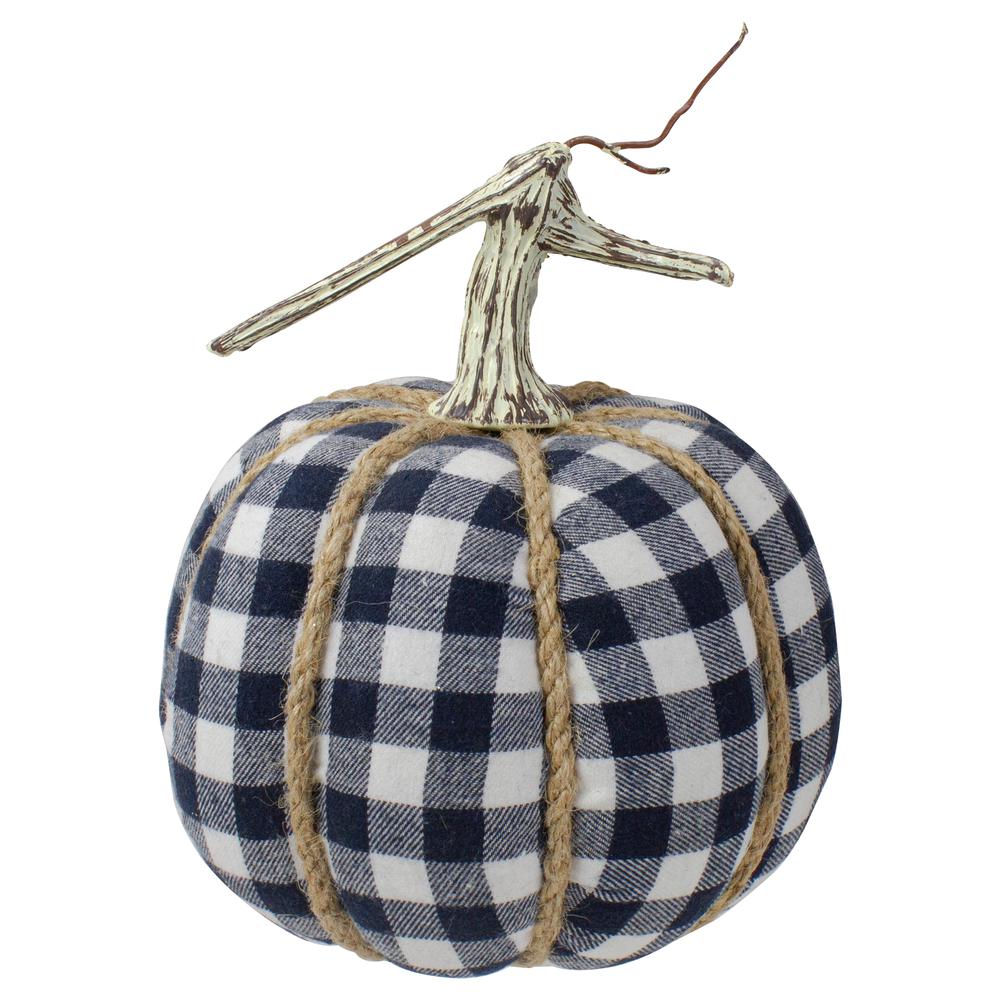 Dark Blue and White Plaid Fall Harvest Tabletop Pumpkin. Picture 1