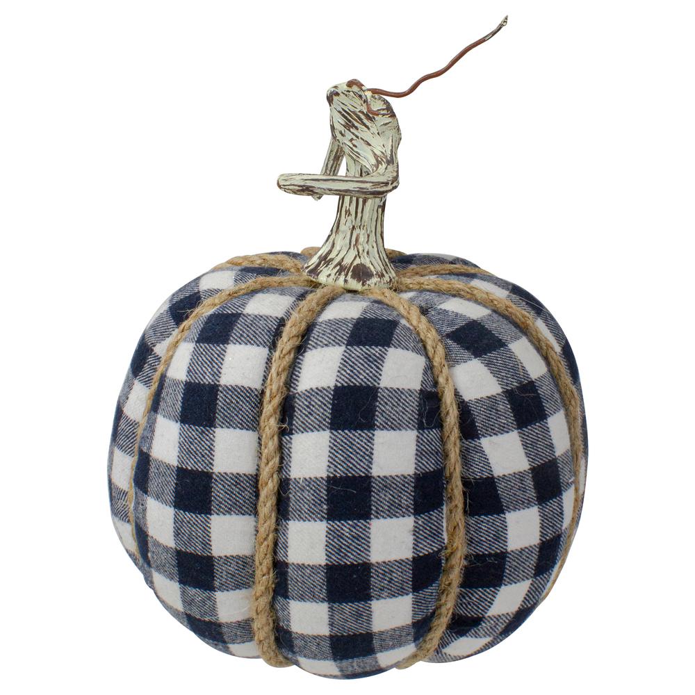 Dark Blue and White Plaid Fall Harvest Tabletop Pumpkin. Picture 2