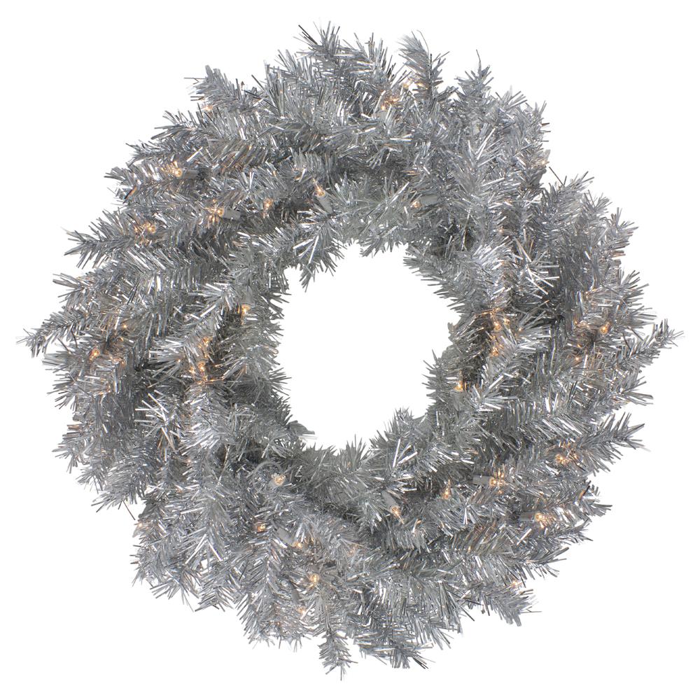 24" Silver Tinsel Artificial Christmas Wreath  Clear Lights. Picture 1