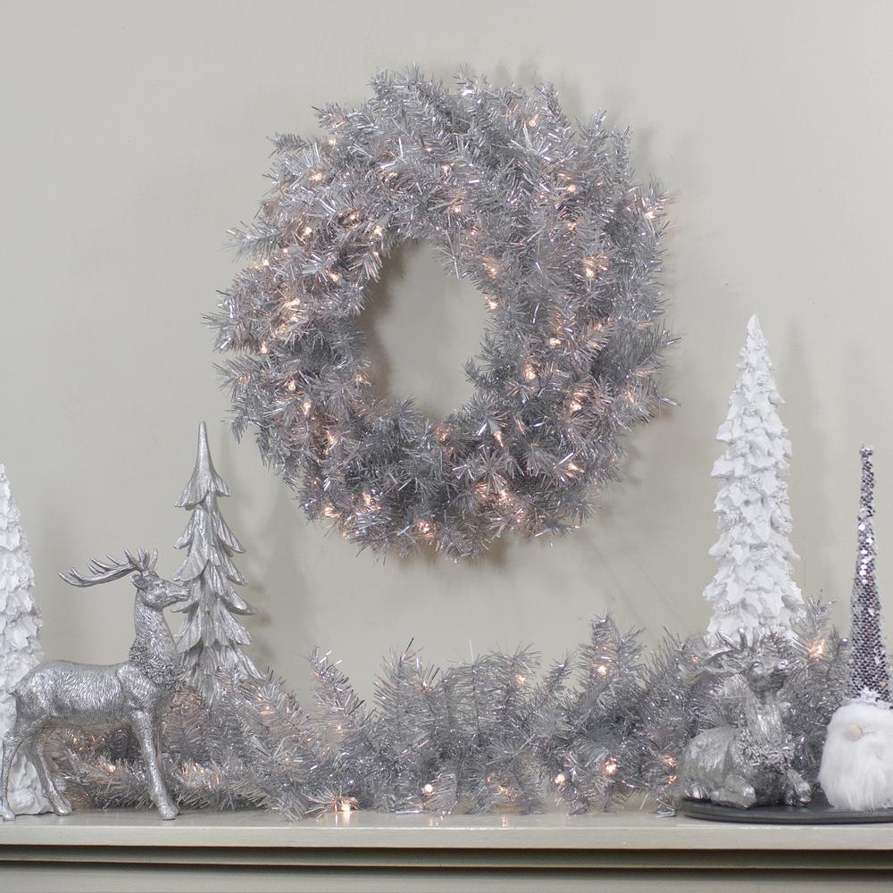 24" Silver Tinsel Artificial Christmas Wreath  Clear Lights. Picture 2
