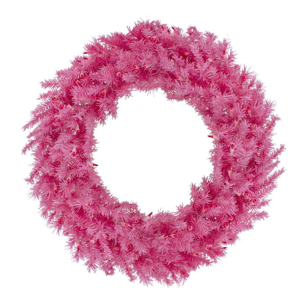 36" Pre-Lit Pink Spruce Artificial Christmas Wreath  Pink Lights. Picture 1