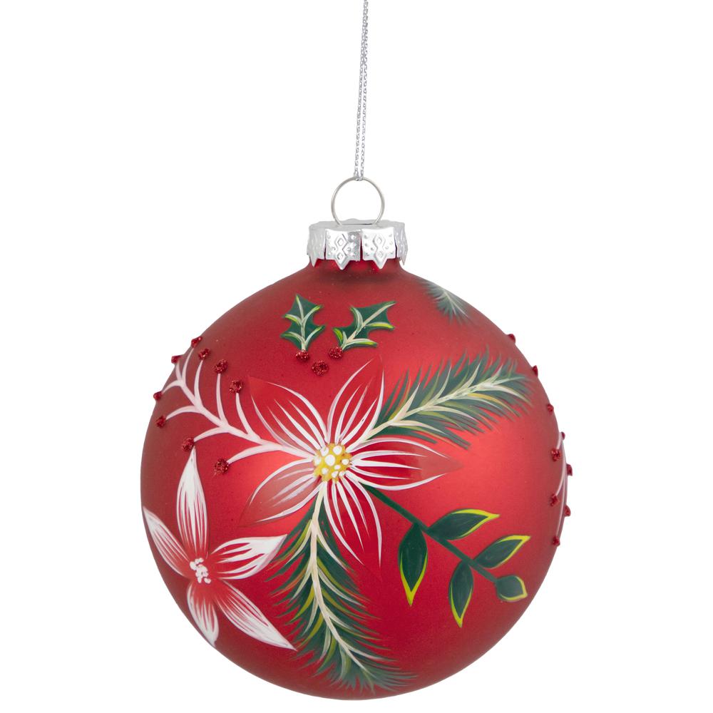 4" Red Poinsettia and Holly Glass Christmas Ball Ornament. Picture 1