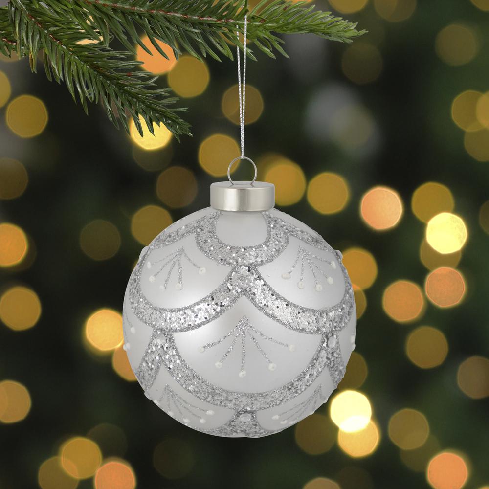 4" Glittered Cosmoid Silver Glass Christmas Ball Ornament. Picture 2