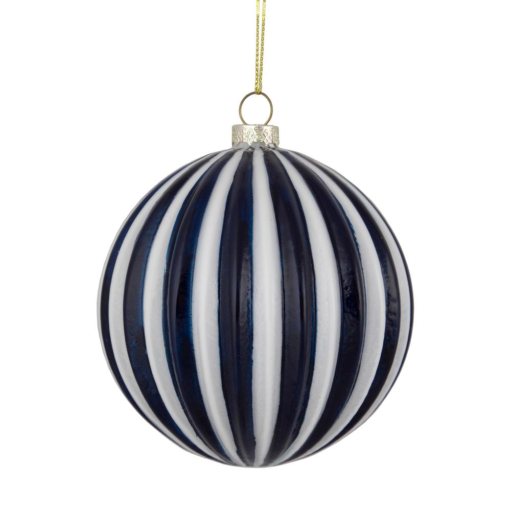 4" Blue and White Striped Glass Christmas Ornament. Picture 1