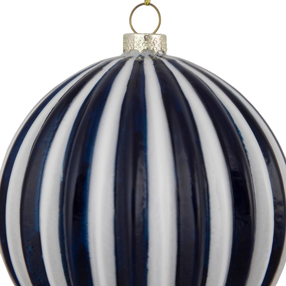 4" Blue and White Striped Glass Christmas Ornament. Picture 4