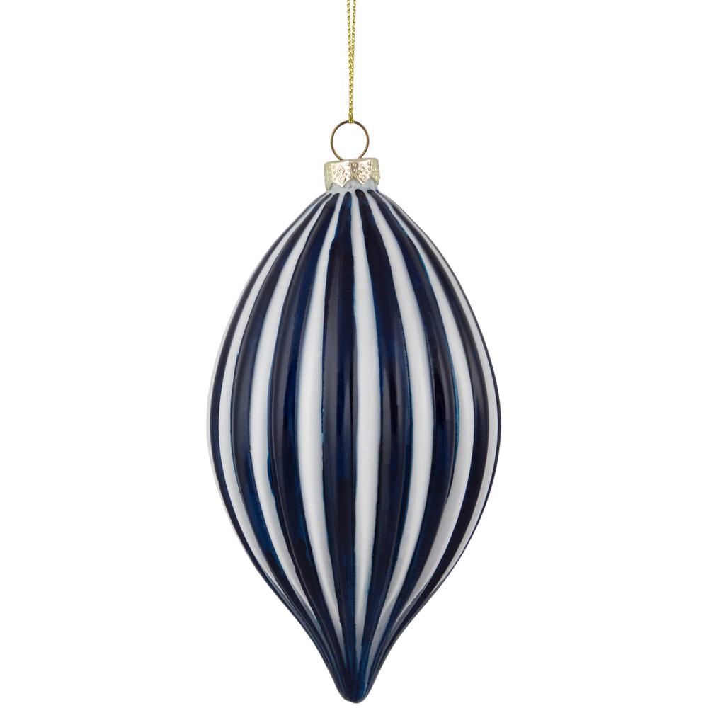 5.75" Blue and White Striped Finial Glass Christmas Ornament. Picture 1