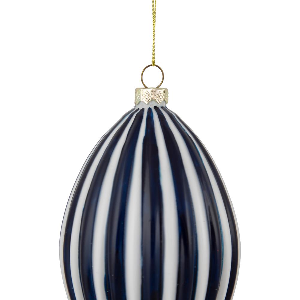 5.75" Blue and White Striped Finial Glass Christmas Ornament. Picture 3