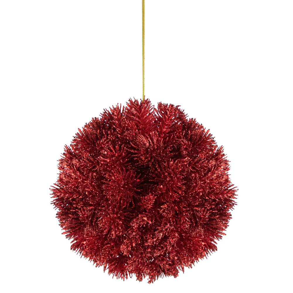 6" Red Glittered Pine Christmas Ball Ornament. Picture 1