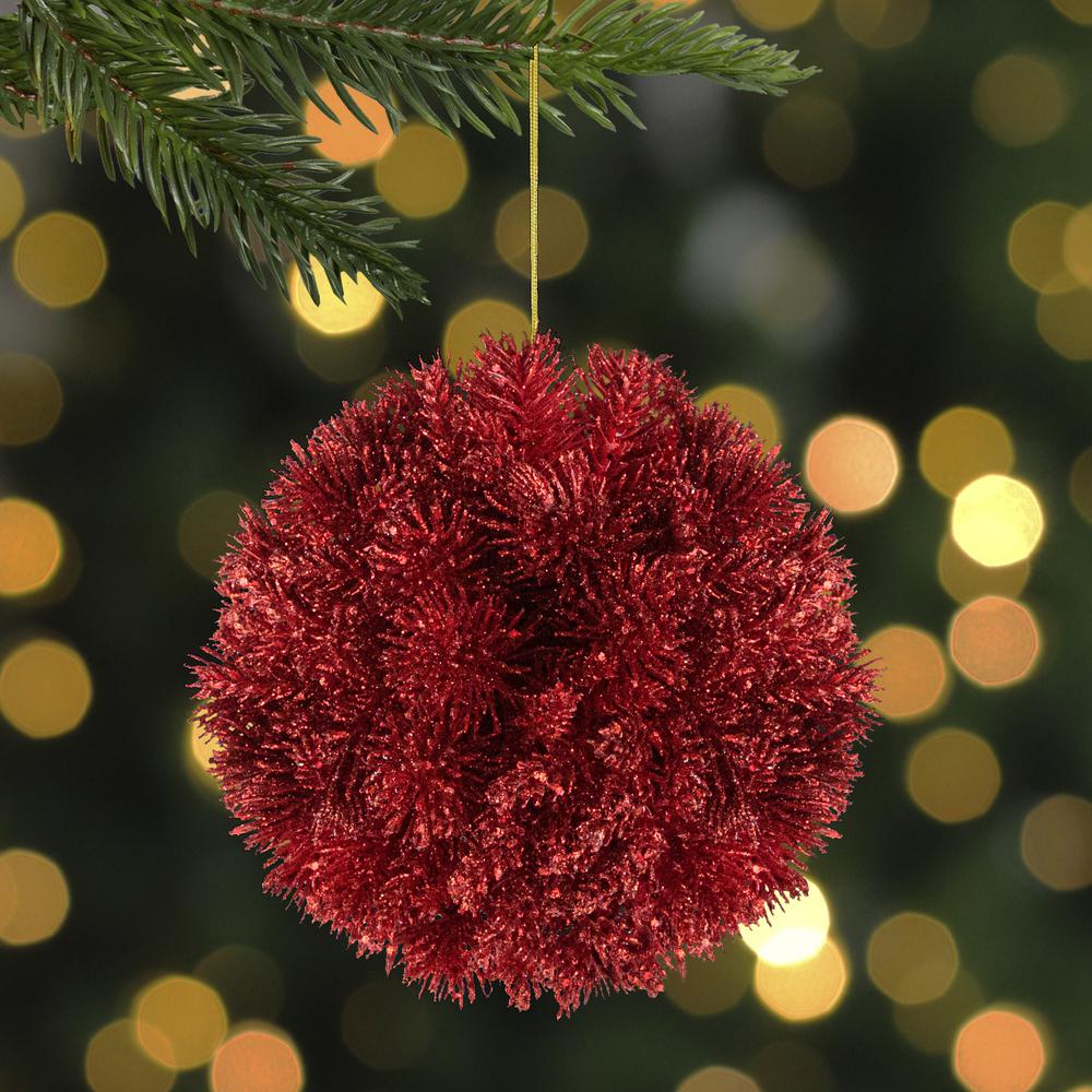 6" Red Glittered Pine Christmas Ball Ornament. Picture 2