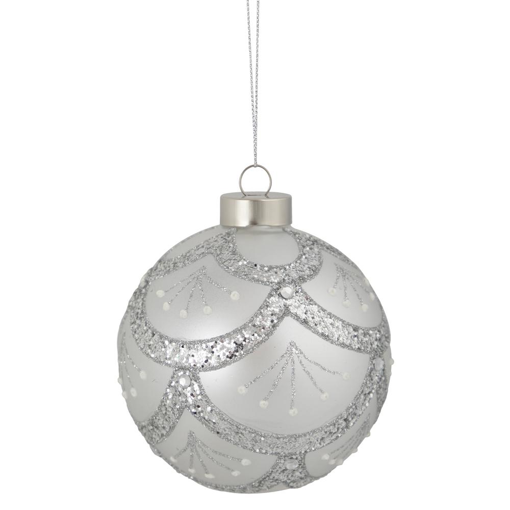 4" Glittered Cosmoid Silver Glass Christmas Ball Ornament. Picture 4