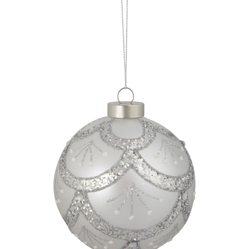 4" Glittered Cosmoid Silver Glass Christmas Ball Ornament. Picture 3