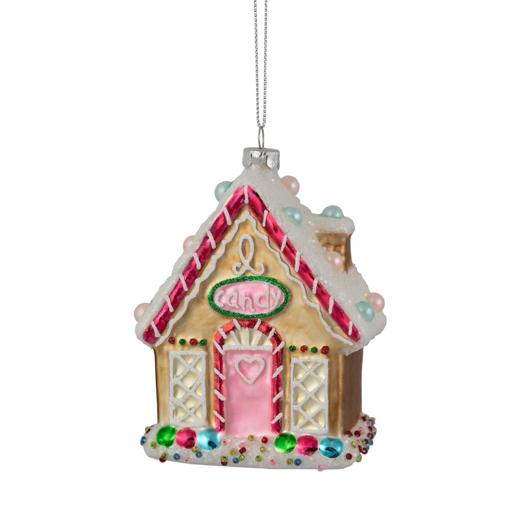 4.5" Glittered Gingerbread House Glass Christmas Ornament. Picture 1