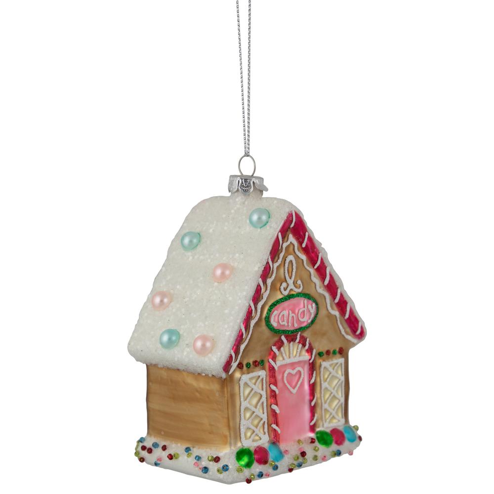 4.5" Glittered Gingerbread House Glass Christmas Ornament. Picture 4