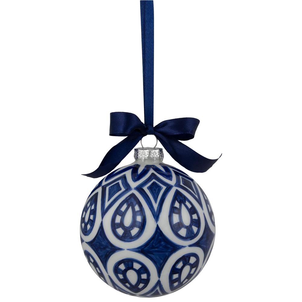 4" White and Blue Mosaic Glass Christmas Ball Ornament. Picture 1