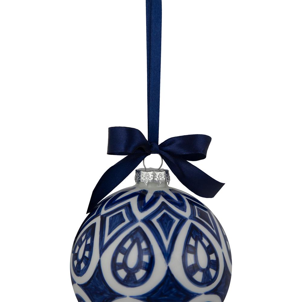 4" White and Blue Mosaic Glass Christmas Ball Ornament. Picture 4