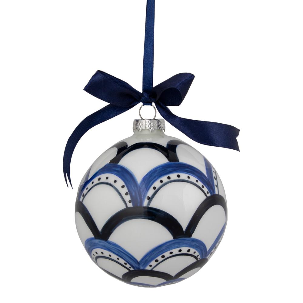 4" White and Blue Scallop Glass Christmas Ball Ornament. Picture 1