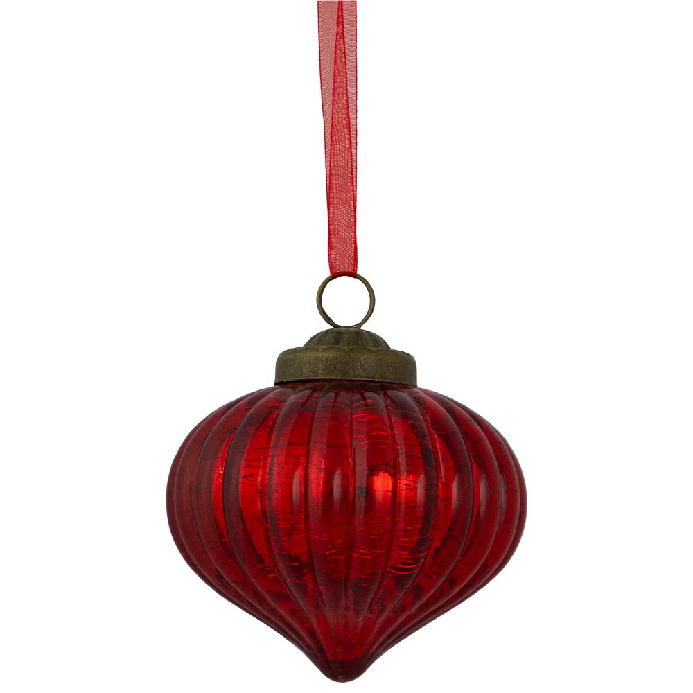 3" Red Crackle Glass Onion Christmas Ornament. Picture 1