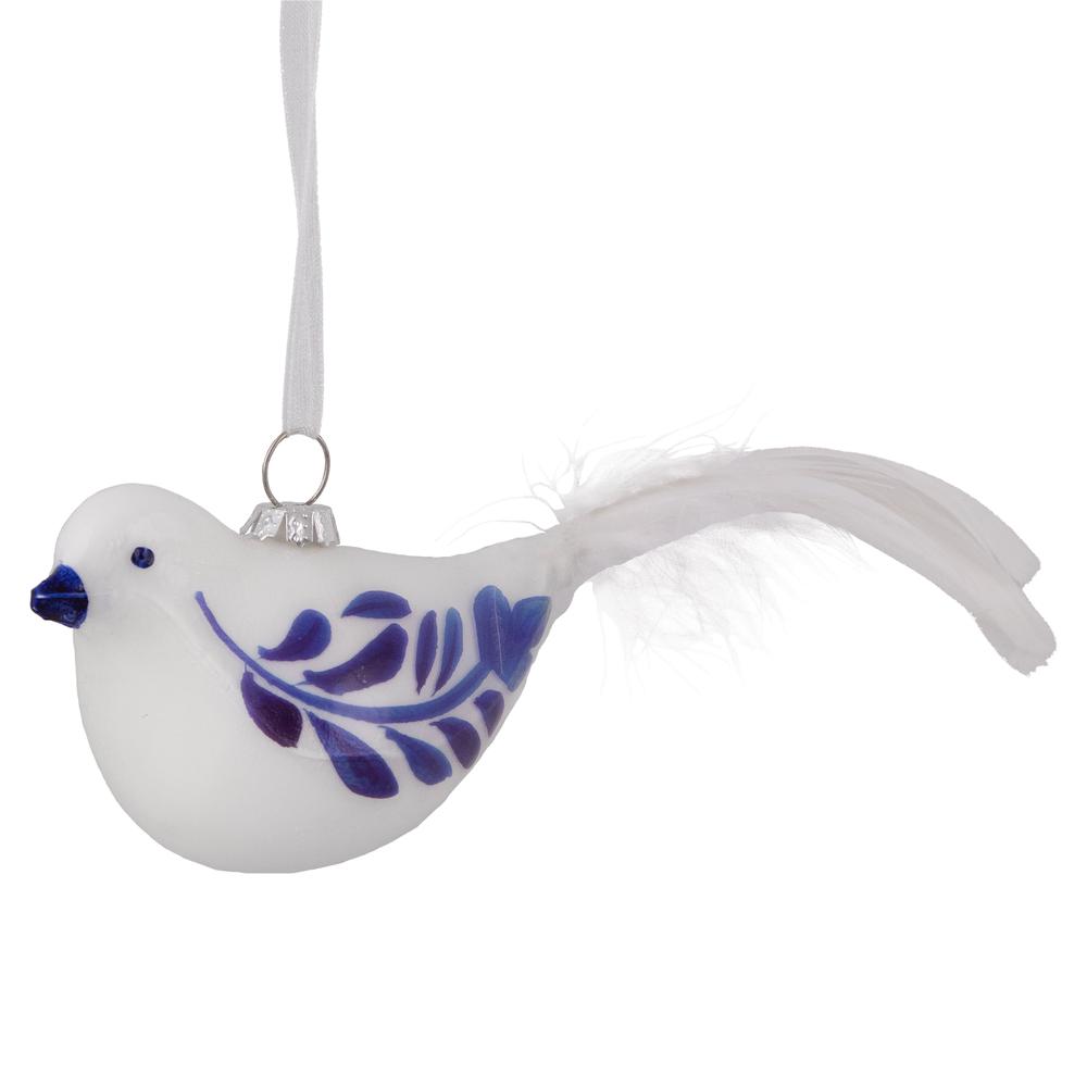 6.5" White and Blue Bird Glass Christmas Ornament. Picture 1