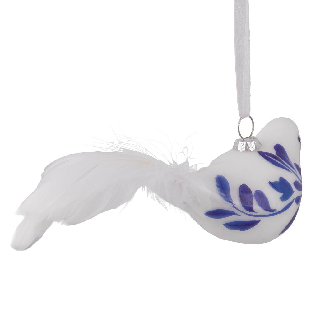 6.5" White and Blue Bird Glass Christmas Ornament. Picture 7