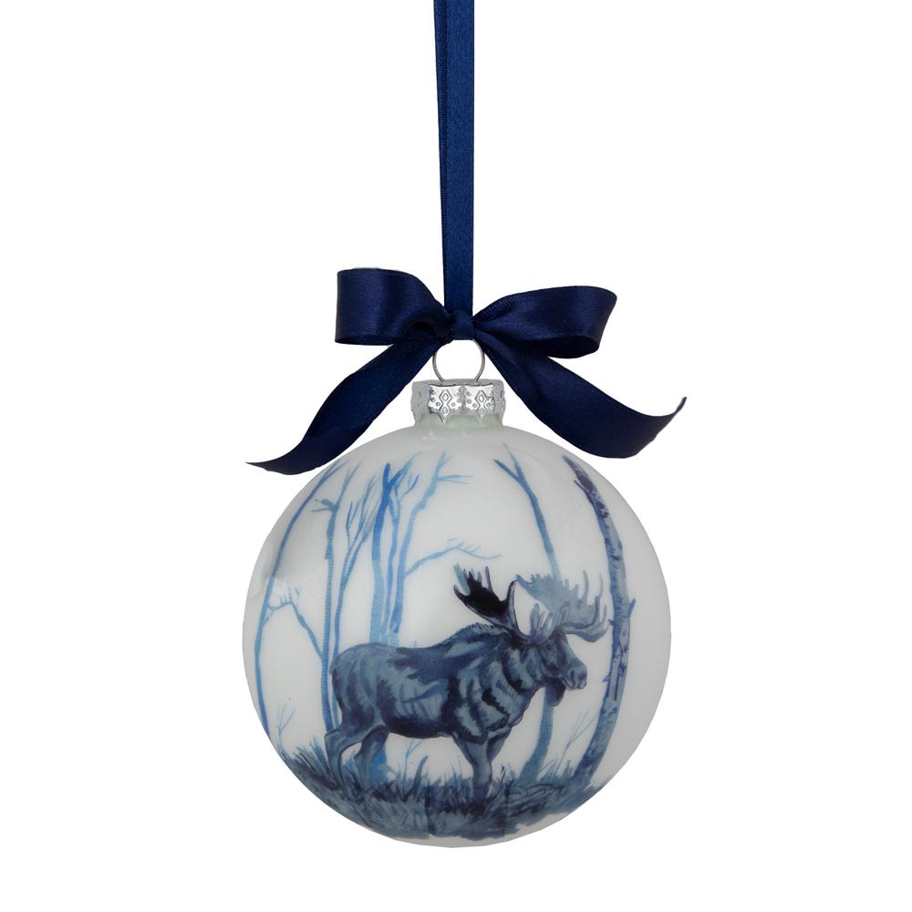 4" White and Blue Moose Glass Christmas Ball Ornament. Picture 1