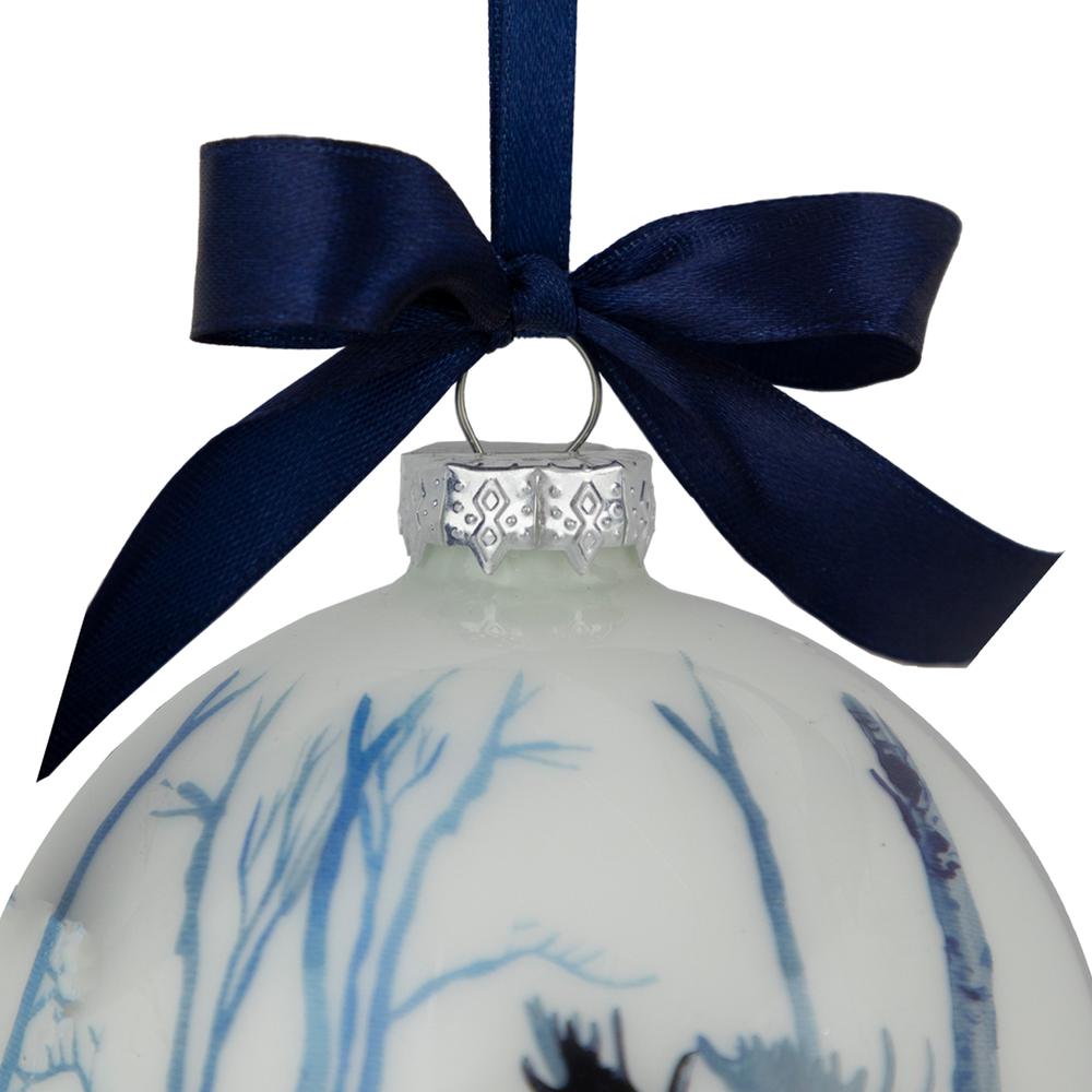 4" White and Blue Moose Glass Christmas Ball Ornament. Picture 4