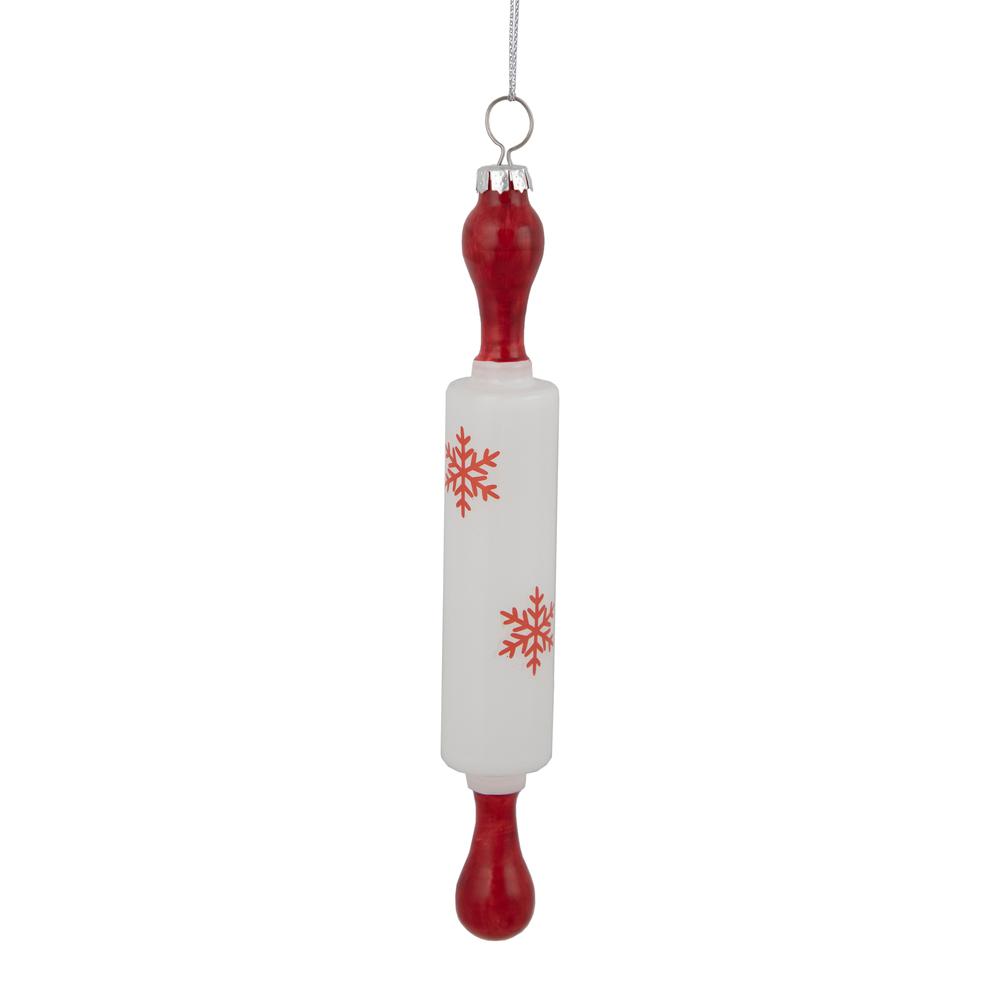 7.25" Red Snowflakes Rolling Pin Glass Christmas Ornament. Picture 1