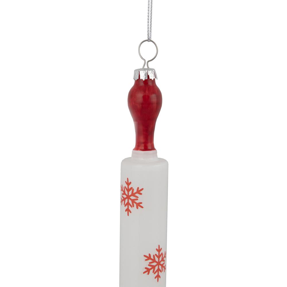 7.25" Red Snowflakes Rolling Pin Glass Christmas Ornament. Picture 4
