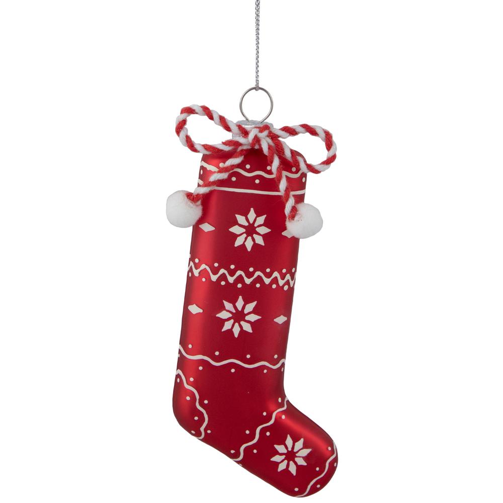 5" Red and White Christmas Stocking Glass Ornament. Picture 1