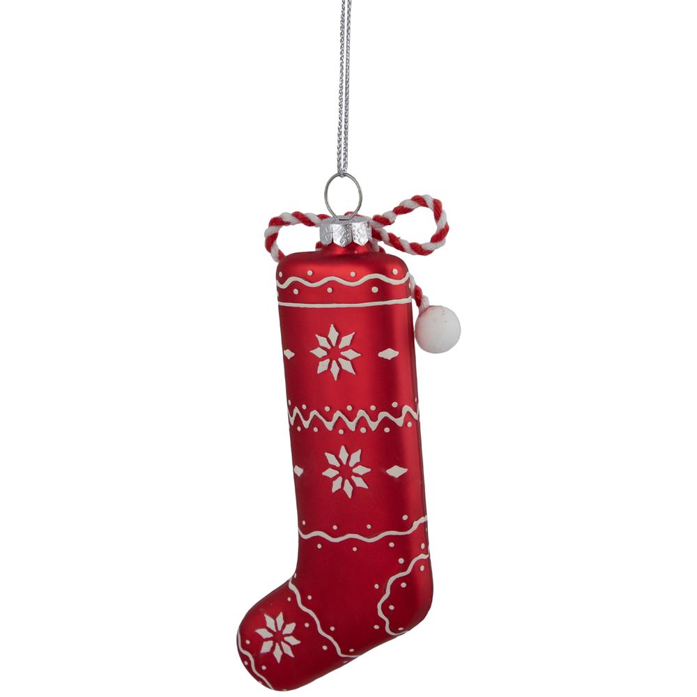 5" Red and White Christmas Stocking Glass Ornament. Picture 7
