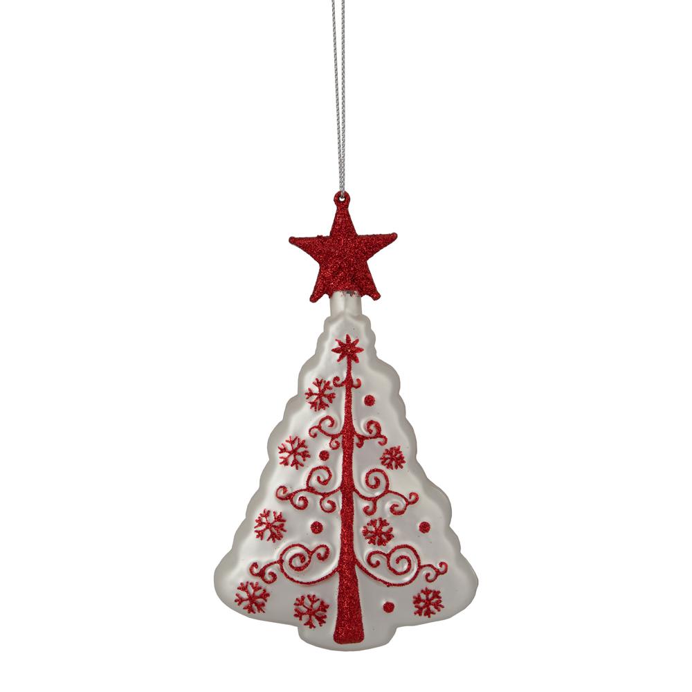6" White and Red Christmas Tree Glass Ornament. Picture 1