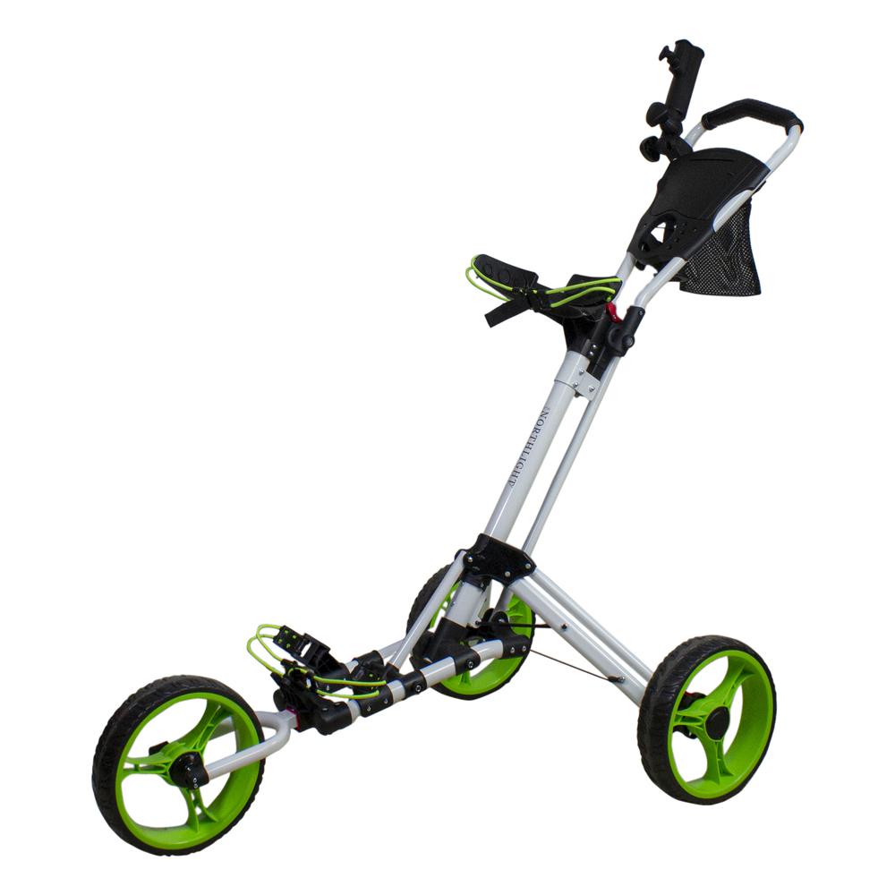 48" White and Green Easy Folding 3 Wheel Golf Bag Push Cart. Picture 1