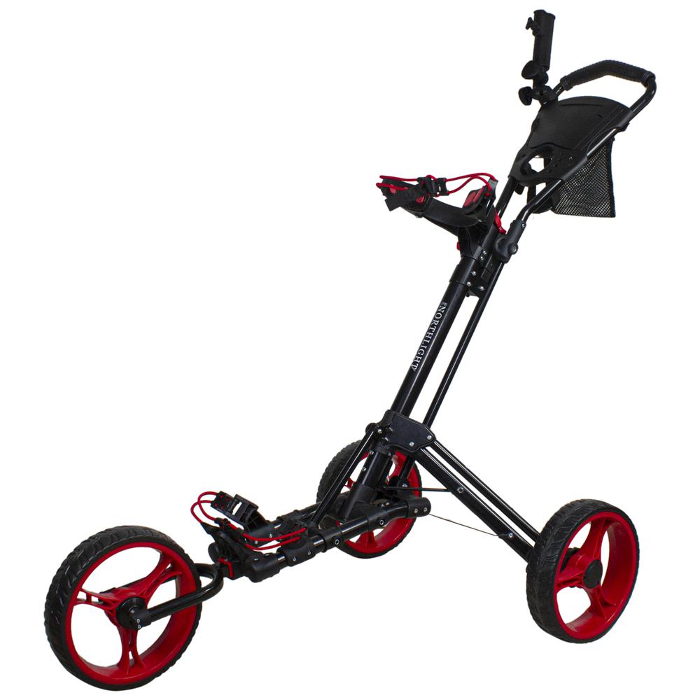 48" Black and Red Easy Folding 3 Wheel Golf Bag Push Cart. Picture 1