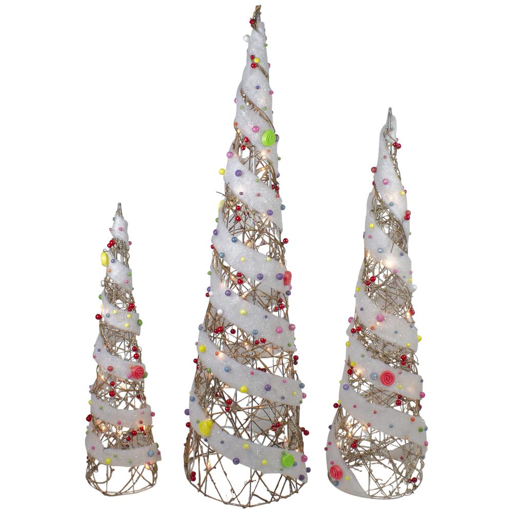 Set of 3 Lighted Champagne Gold Candy Covered Cone Tree Outdoor Christmas Decorations 39.25". Picture 1