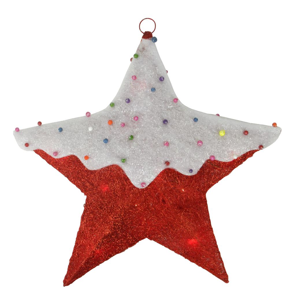 18" Red and White Lighted Snowy Candy Covered Sisal Hanging Christmas Star Window Decoration. Picture 1