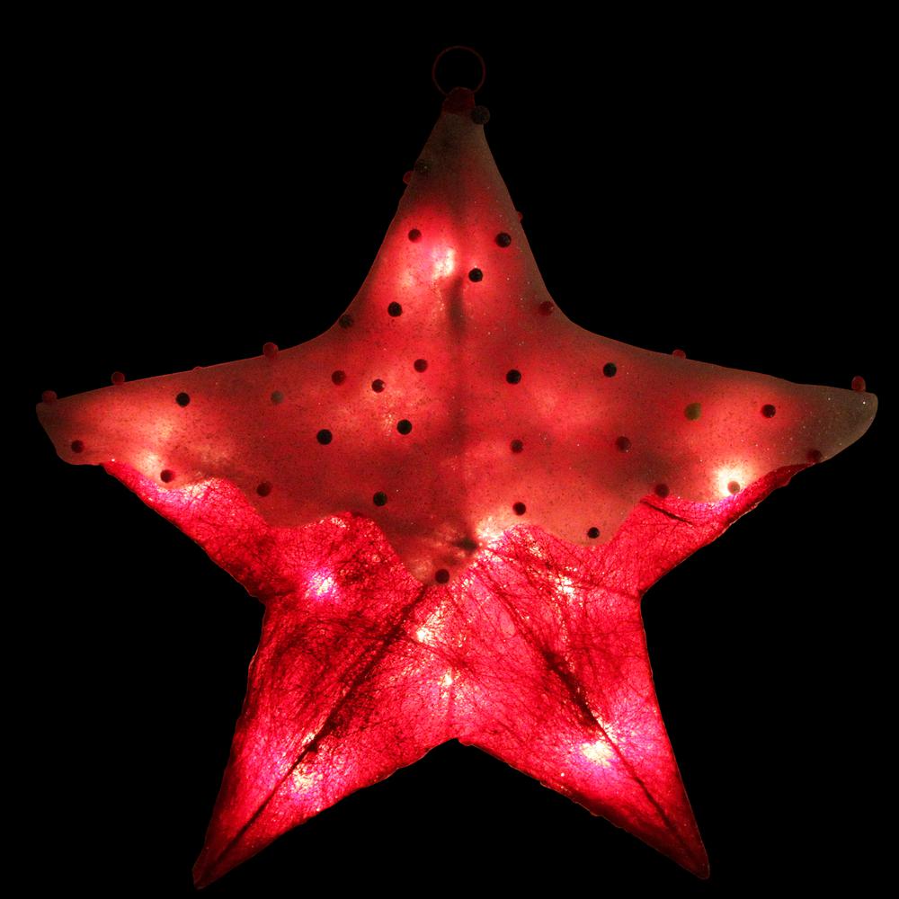 18" Red and White Lighted Snowy Candy Covered Sisal Hanging Christmas Star Window Decoration. Picture 2