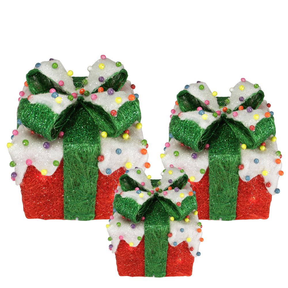 Set of 3 Lighted Snow and Candy Covered Sisal Gift Boxes Christmas Outdoor Decorations. Picture 1