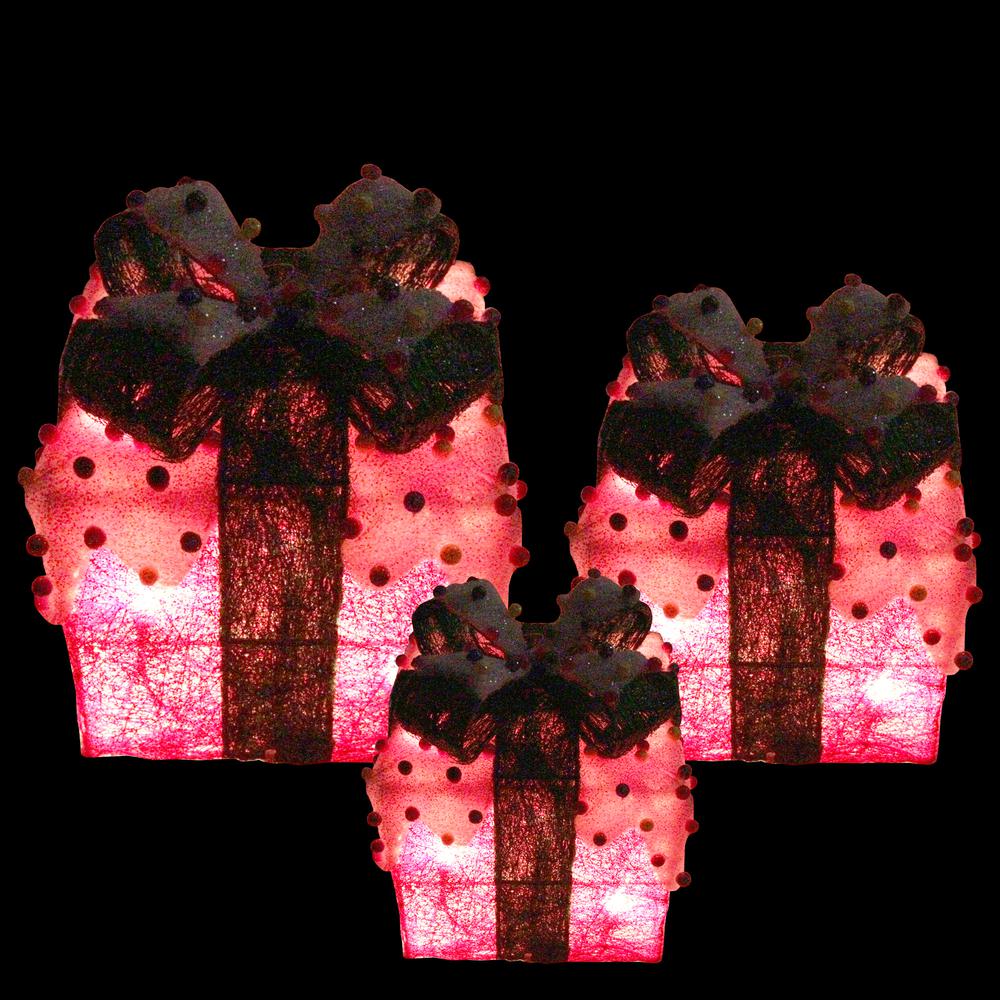 Set of 3 Lighted Snow and Candy Covered Sisal Gift Boxes Christmas Outdoor Decorations. Picture 2