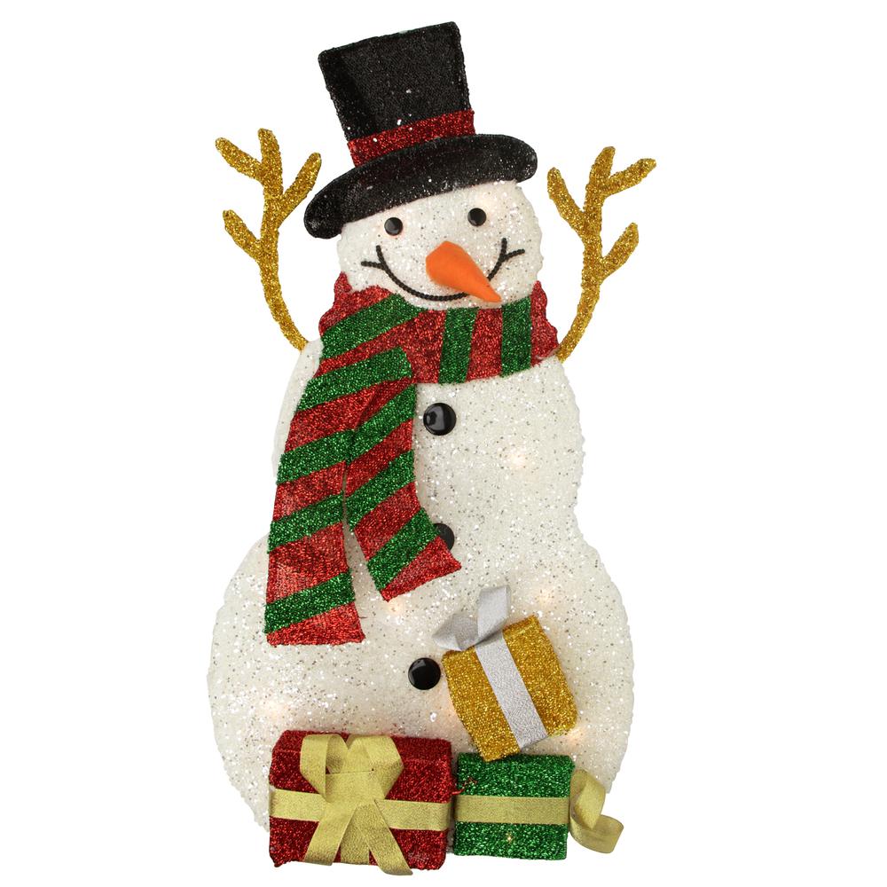 31" Pre-Lit White and Black Snowman with Gifts Outdoor Christmas Decor. Picture 1