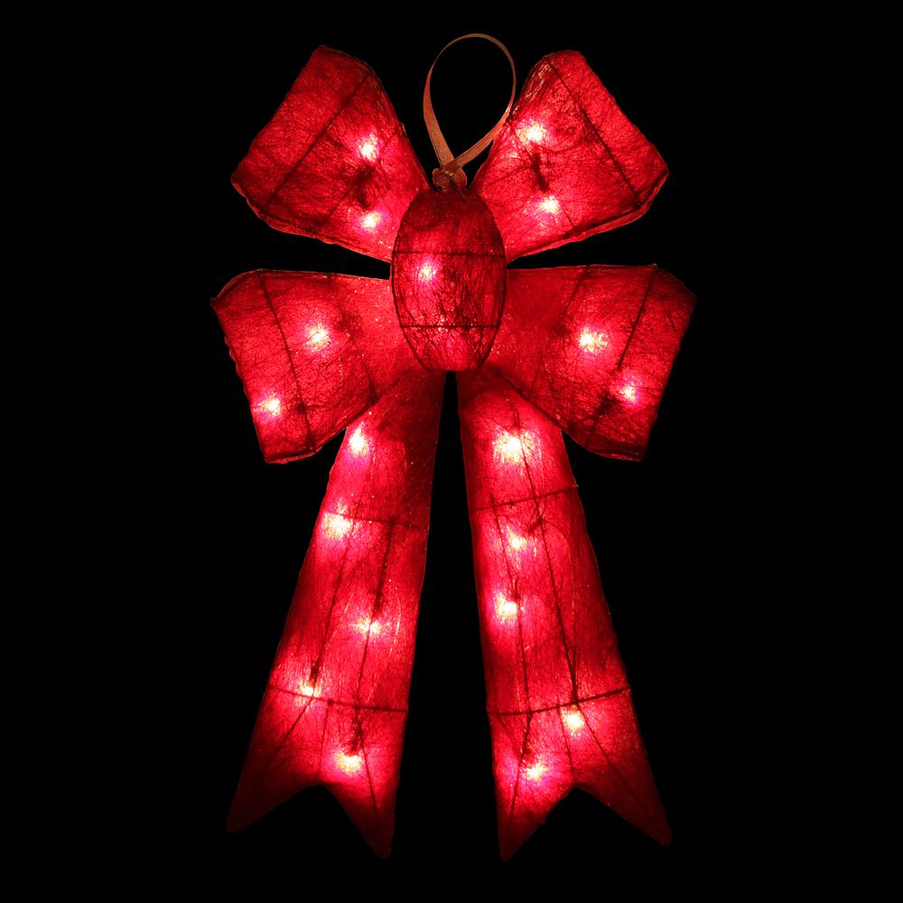24" Lighted Sparkling Red Sisal Double Bow Outdoor Christmas Decoration. Picture 2