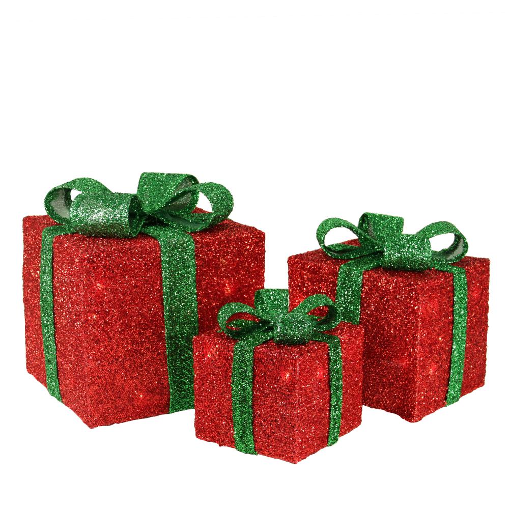 Set of 3 Lighted Red and Green Tinsel Gift Boxes with Bows Christmas Outdoor Decorations 10". Picture 1