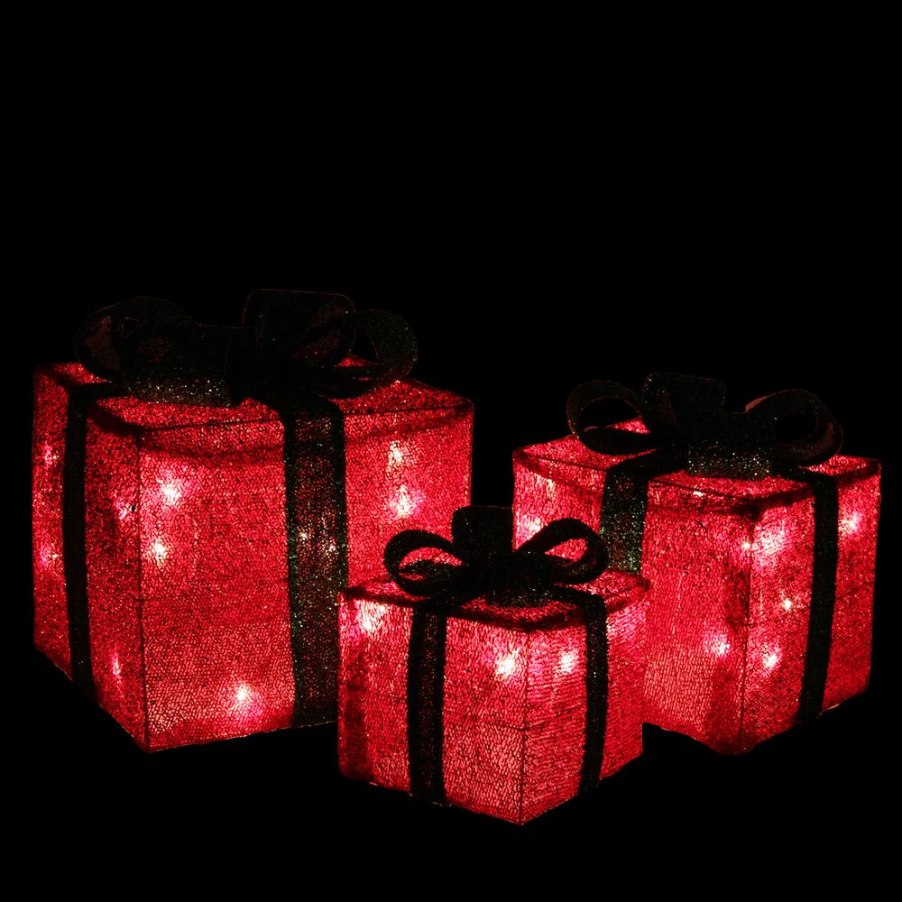 Set of 3 Lighted Red and Green Tinsel Gift Boxes with Bows Christmas Outdoor Decorations 10". Picture 2