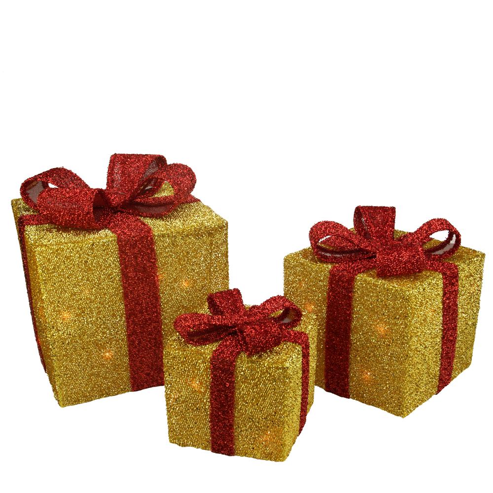 Set of 3 Gold and Red Gift Boxes with Bows Lighted Christmas Outdoor Decorations. Picture 1