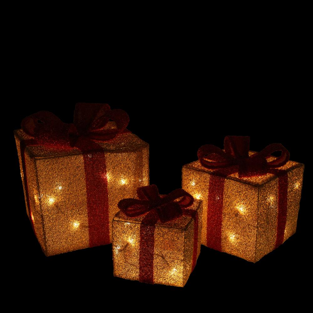 Set of 3 Gold and Red Gift Boxes with Bows Lighted Christmas Outdoor Decorations. Picture 2