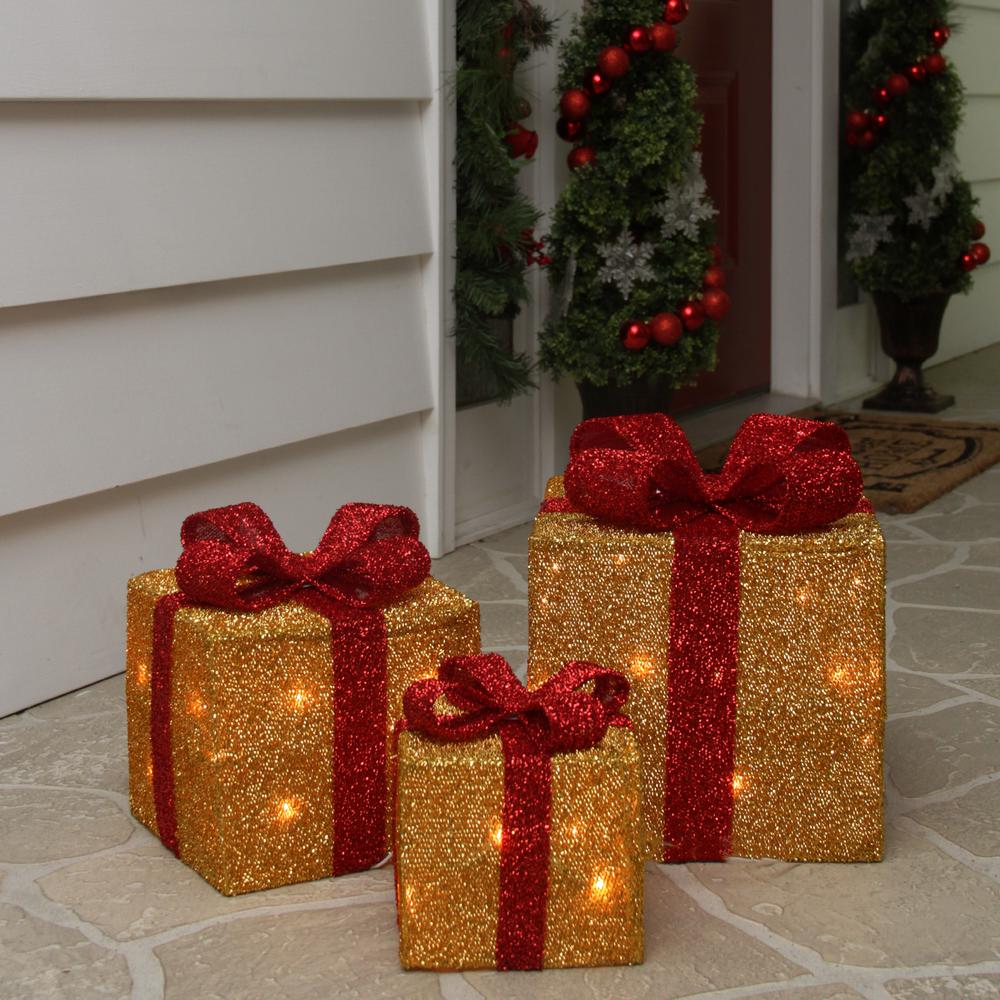 Set of 3 Gold and Red Gift Boxes with Bows Lighted Christmas Outdoor Decorations. Picture 3