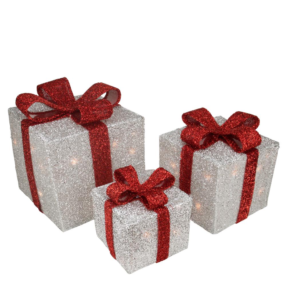 Set of 3 Silver Tinsel Lighted Gift Boxes with Red Bows Outdoor Christmas Decorations. Picture 1