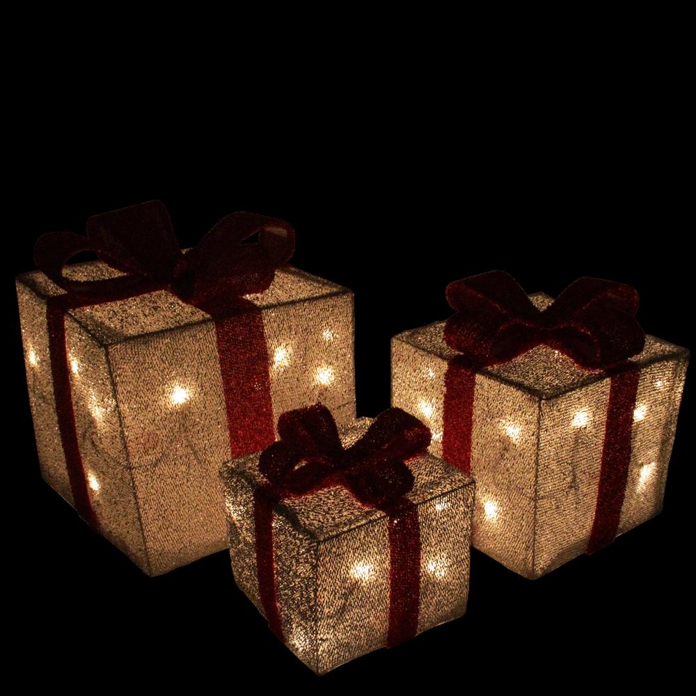 Set of 3 Silver Tinsel Lighted Gift Boxes with Red Bows Outdoor Christmas Decorations. Picture 2