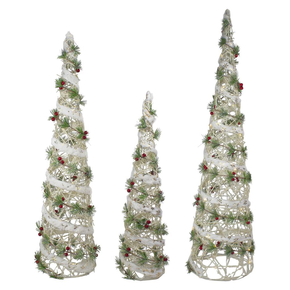 Set of 3 Lighted White Berry and Pine Needle Cone Tree Christmas Decorations. Picture 1